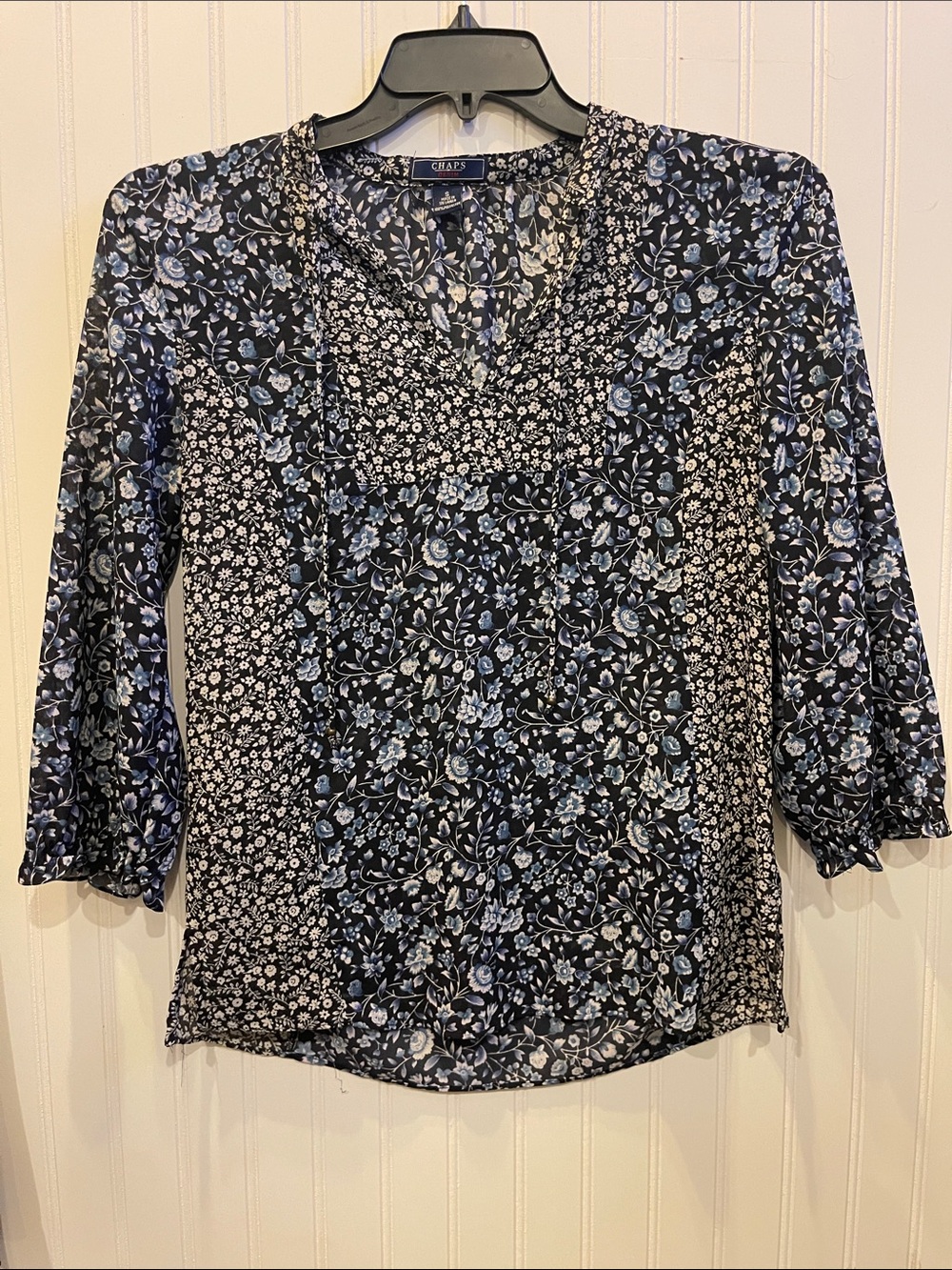 Chaps Navy Floral Patchwork V-Neck Blouse